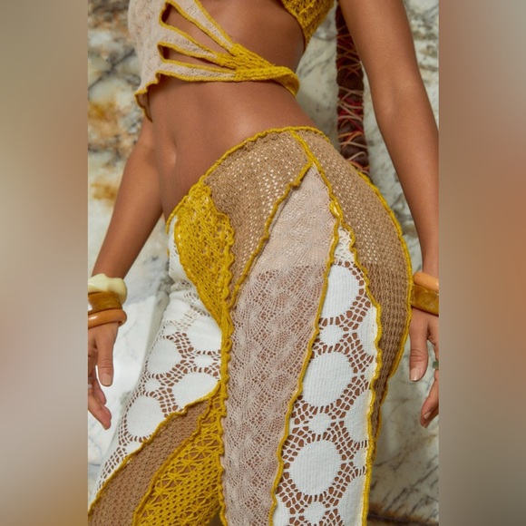 Jaded London Yellow White Crochet Knit Boho Bohemian Lace Low Rise Pants - Picture 6 of 12